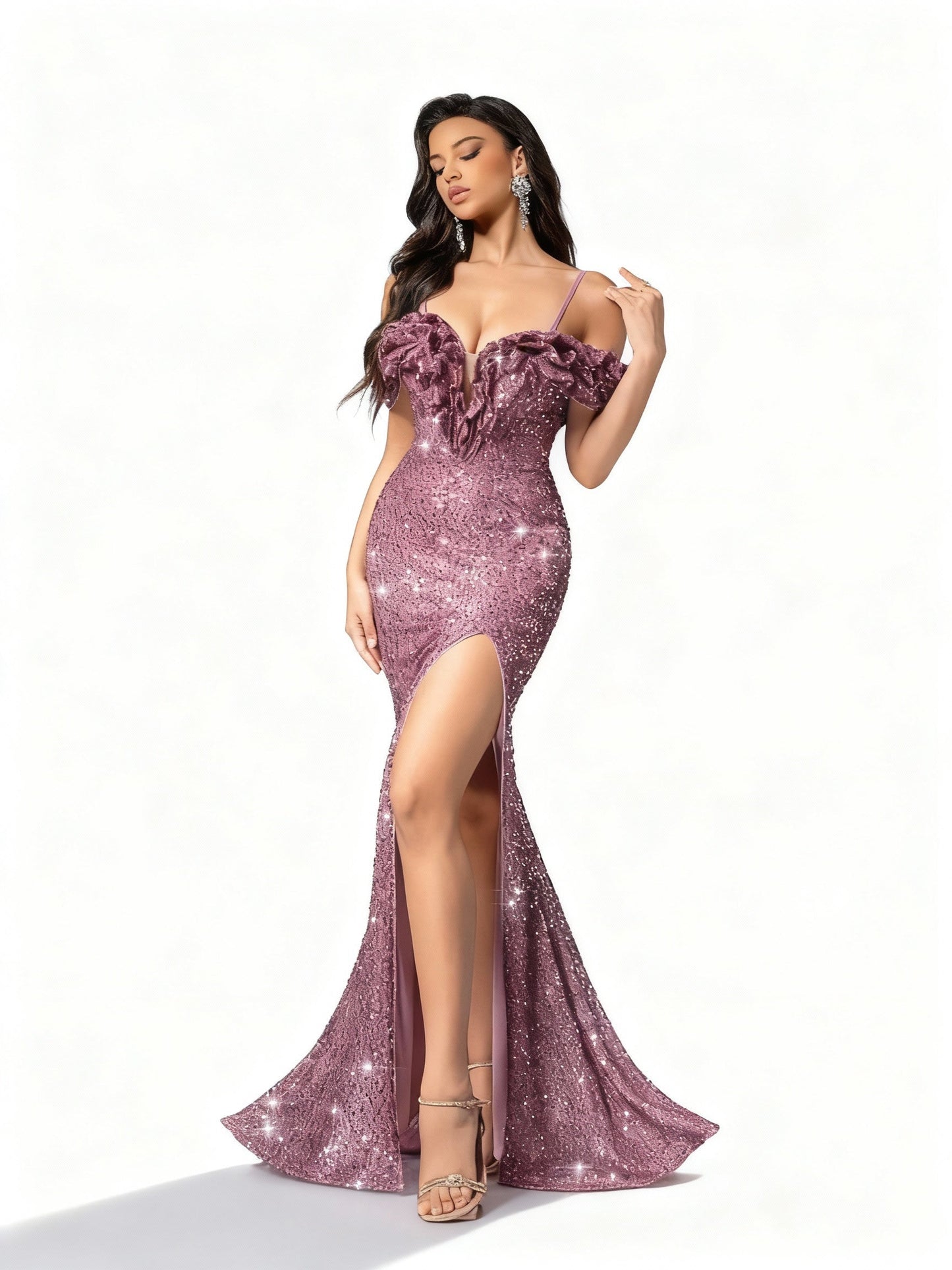 Stalluxe | Rosa trägerloses Paillettenkleid mit Schlitz