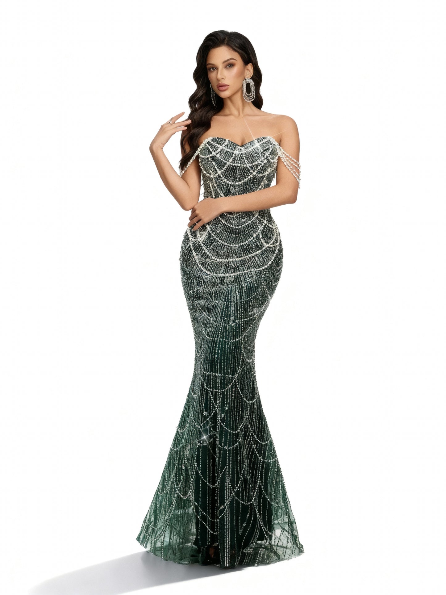 Stalluxe | Perlenverziertes Kleid mit Einer Schulter in Bodenlänge Dunkelgrün