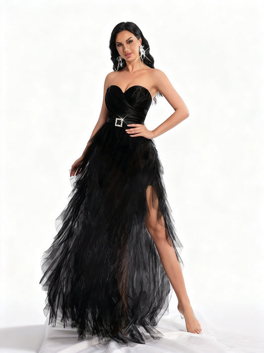 Stalluxe | Schwarzes Trägerloses Meshkleid mit Schnalle XL