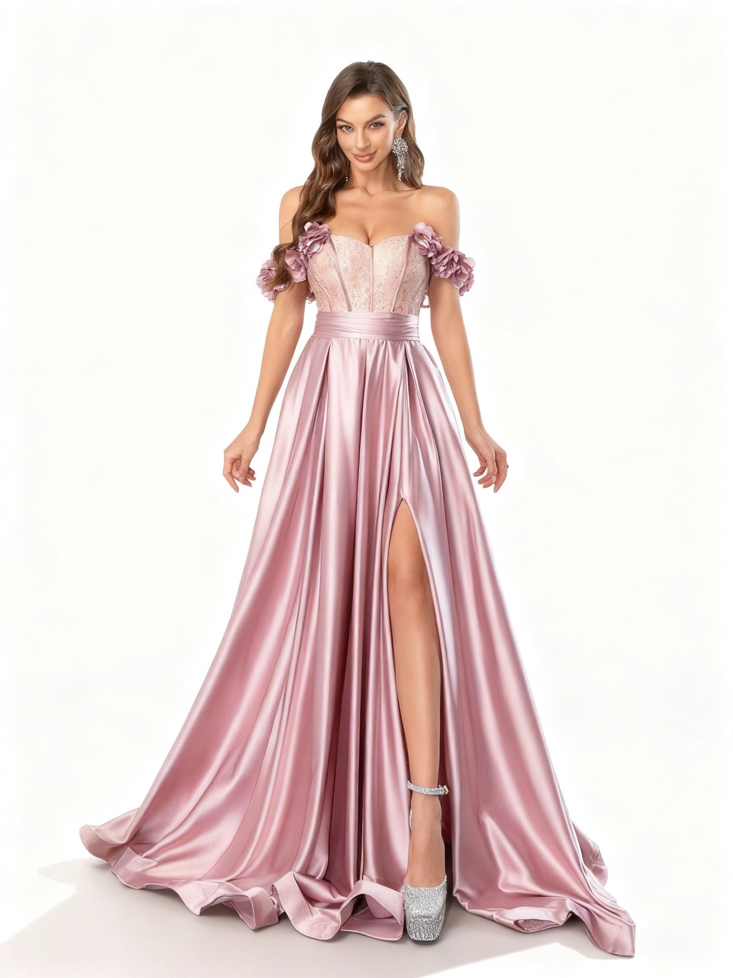 Stalluxe | Feenhaftes rosa schulterfreies Faltenkleid mit Schlitz