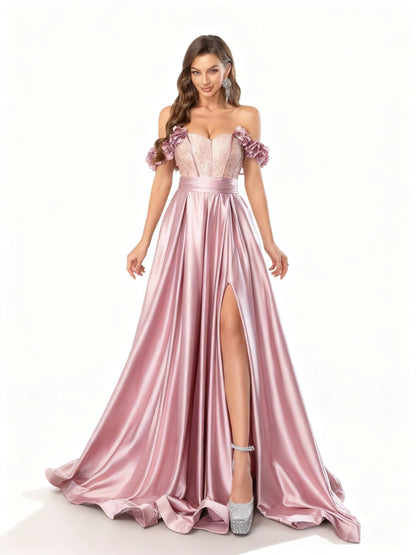 Stalluxe | Feenhaftes rosa schulterfreies Faltenkleid mit Schlitz