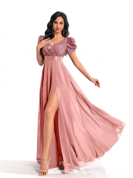 Stalluxe | Paillettenkleid mit V-Ausschnitt und Schlitzärmeln Rosa