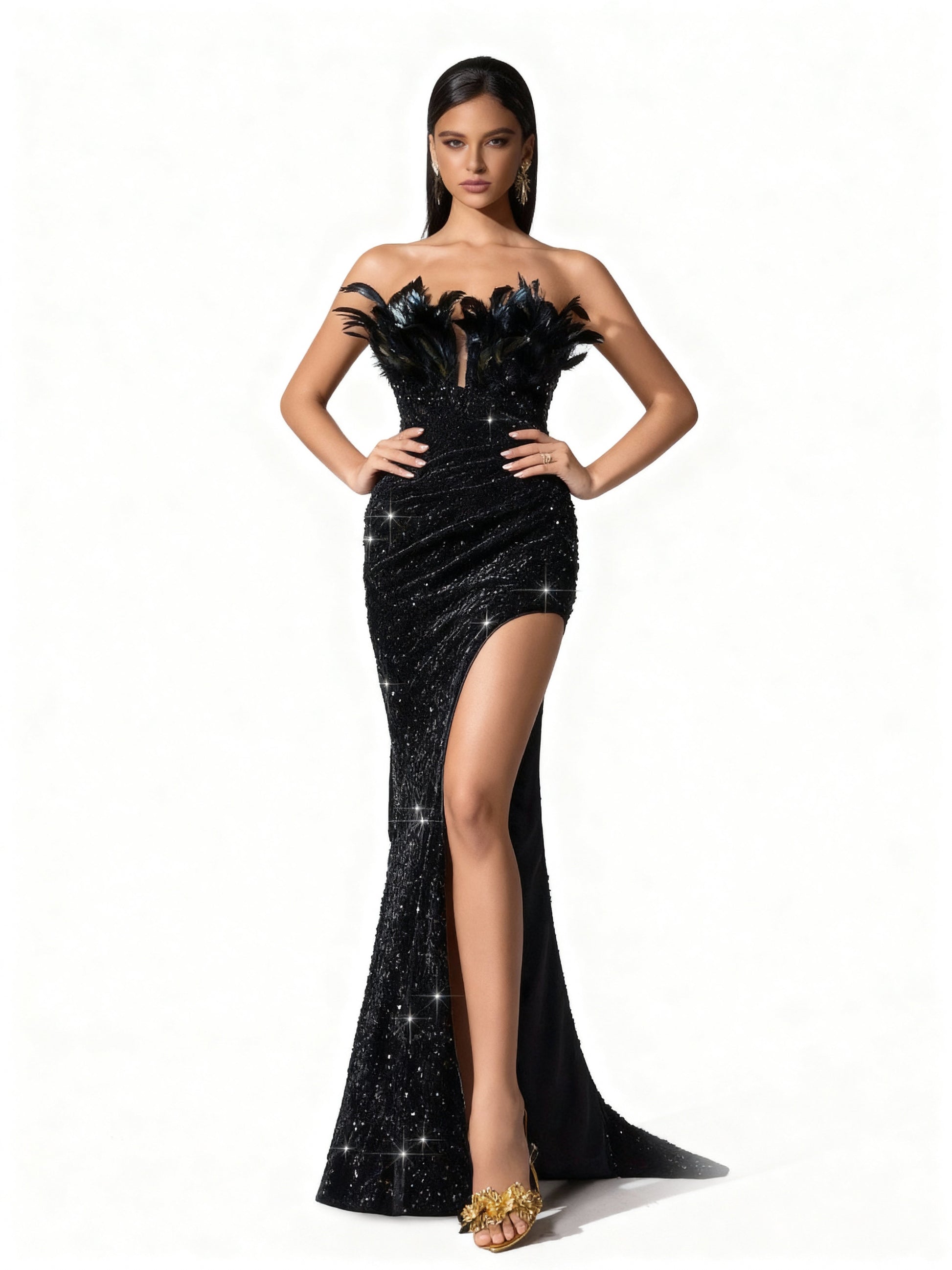 Stalluxe | Schwarzes Paillettenkleid mit Federn und Revers XL