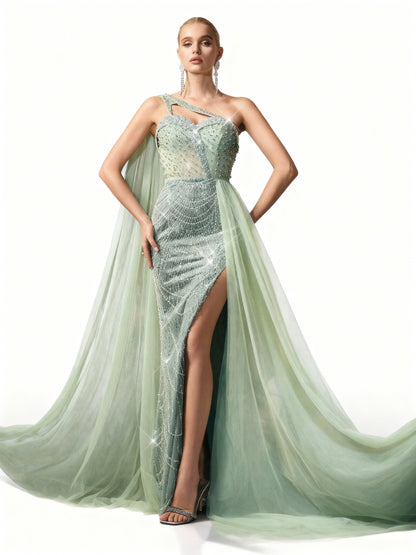 Stalluxe | Abendkleid in Mintgrün mit Strass, asymmetrischem Ausschnitt und bodenlangem Schnitt XL