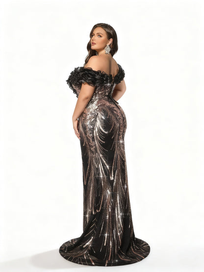 Stalluxe | Schwarzes Blumenmuster-Abendkleid in Meerjungfrauenform in Übergröße