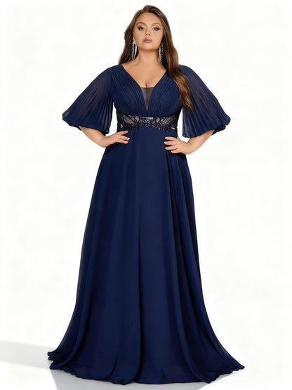 Stalluxe | Schickes Marineblaues Chiffon Abendkleid mit V-Ausschnitt in Übergröße