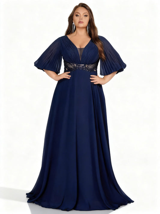 Stalluxe | Schickes Marineblaues Chiffon Abendkleid mit V-Ausschnitt in Übergröße