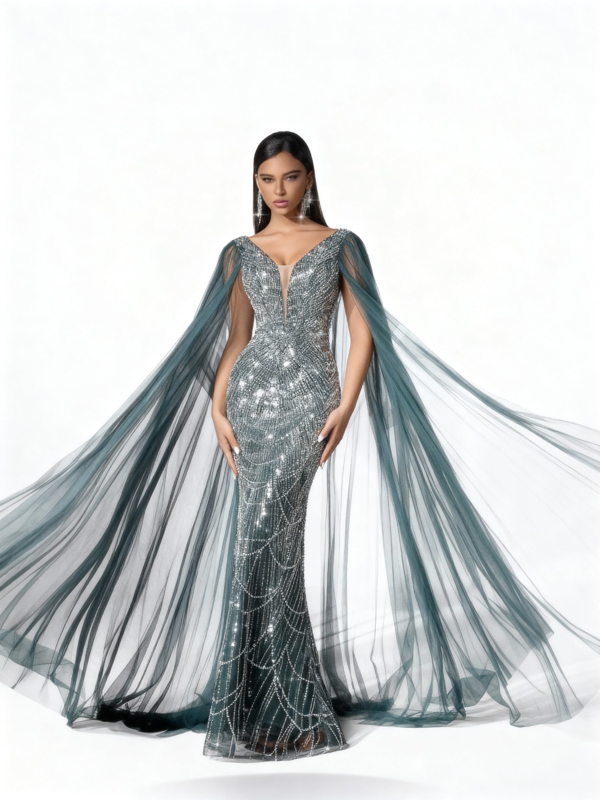 Stalluxe | Dunkelgrünes Perlenkleid mit Netzumhang XL