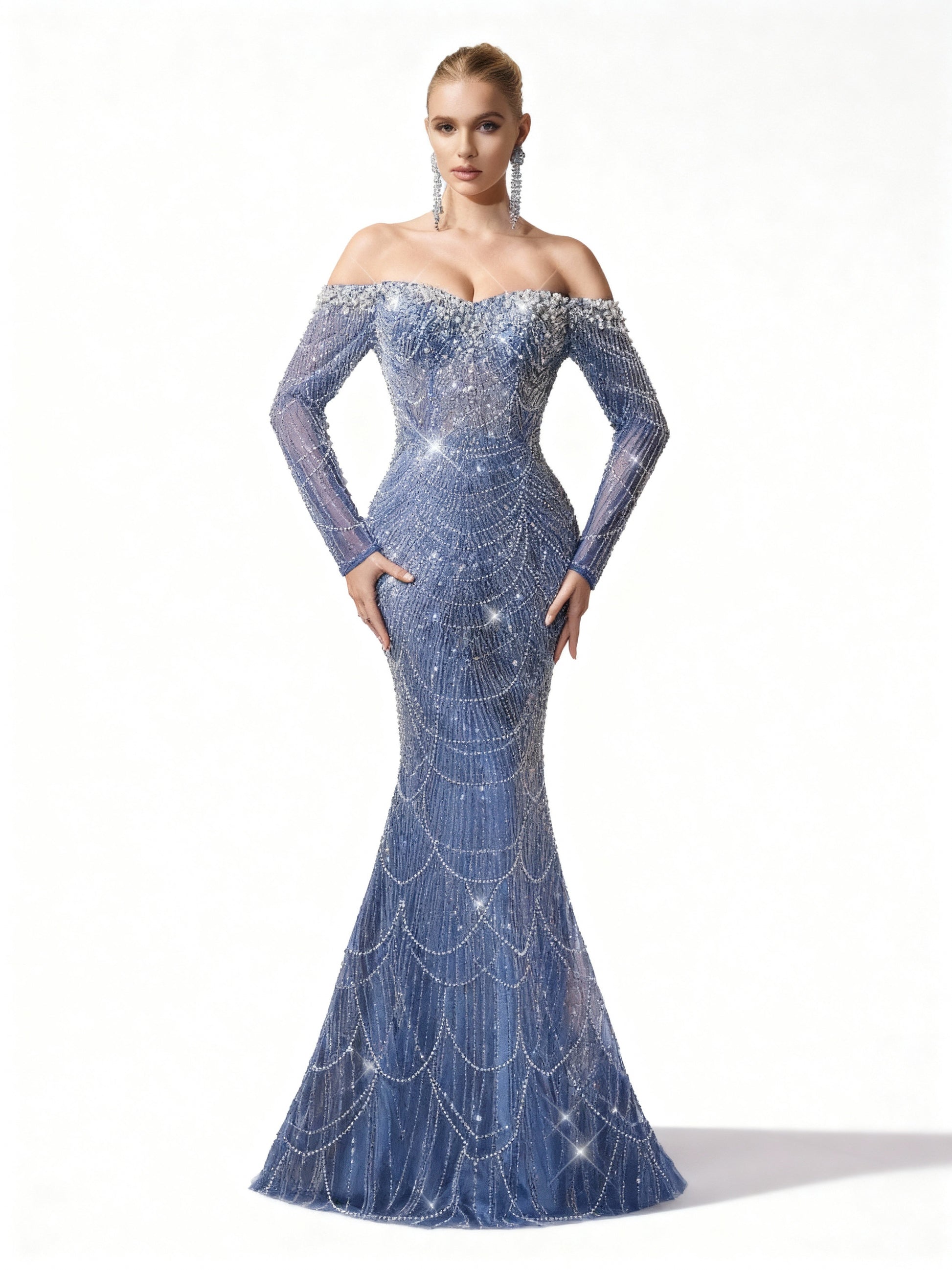 Stalluxe | Göttliches Abendkleid in Himmelblau mit Pailletten, schulterfreiem Schnitt und Meerjungfrauen-Design