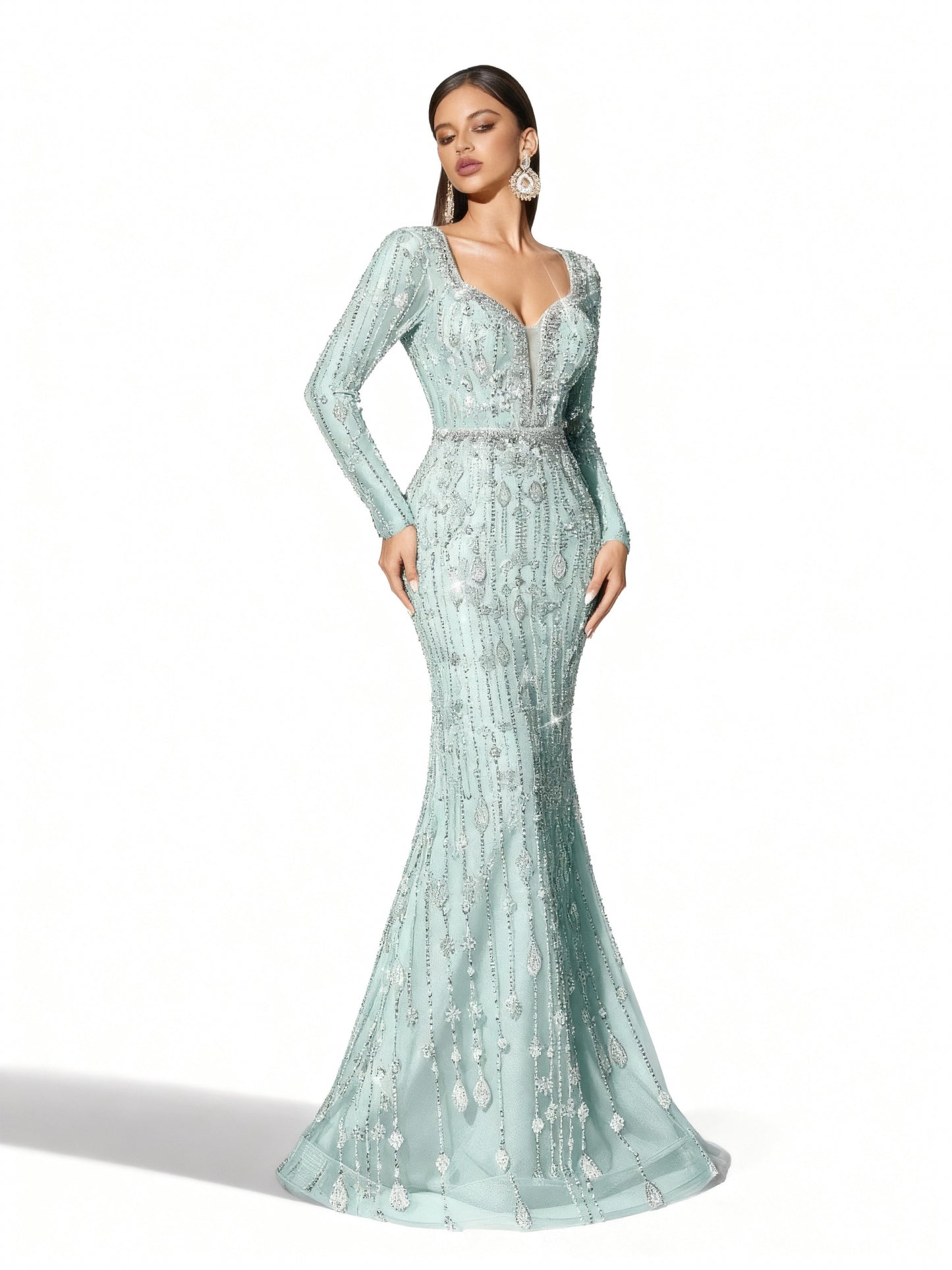 Stalluxe | Einfarbiges Paillettenkleid mit Tiefem V-Ausschnitt Mintblau