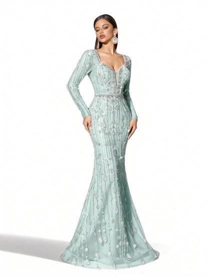 Stalluxe | Einfarbiges Paillettenkleid mit Tiefem V-Ausschnitt Mintblau