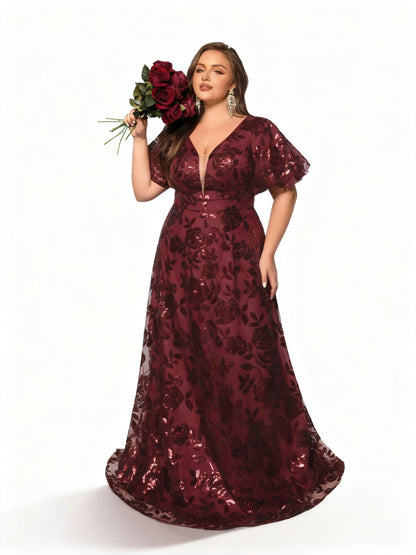 Stalluxe | Elegantes Burgunderfarbenes Abendkleid mit Perlen und Puffärmeln in Übergröße