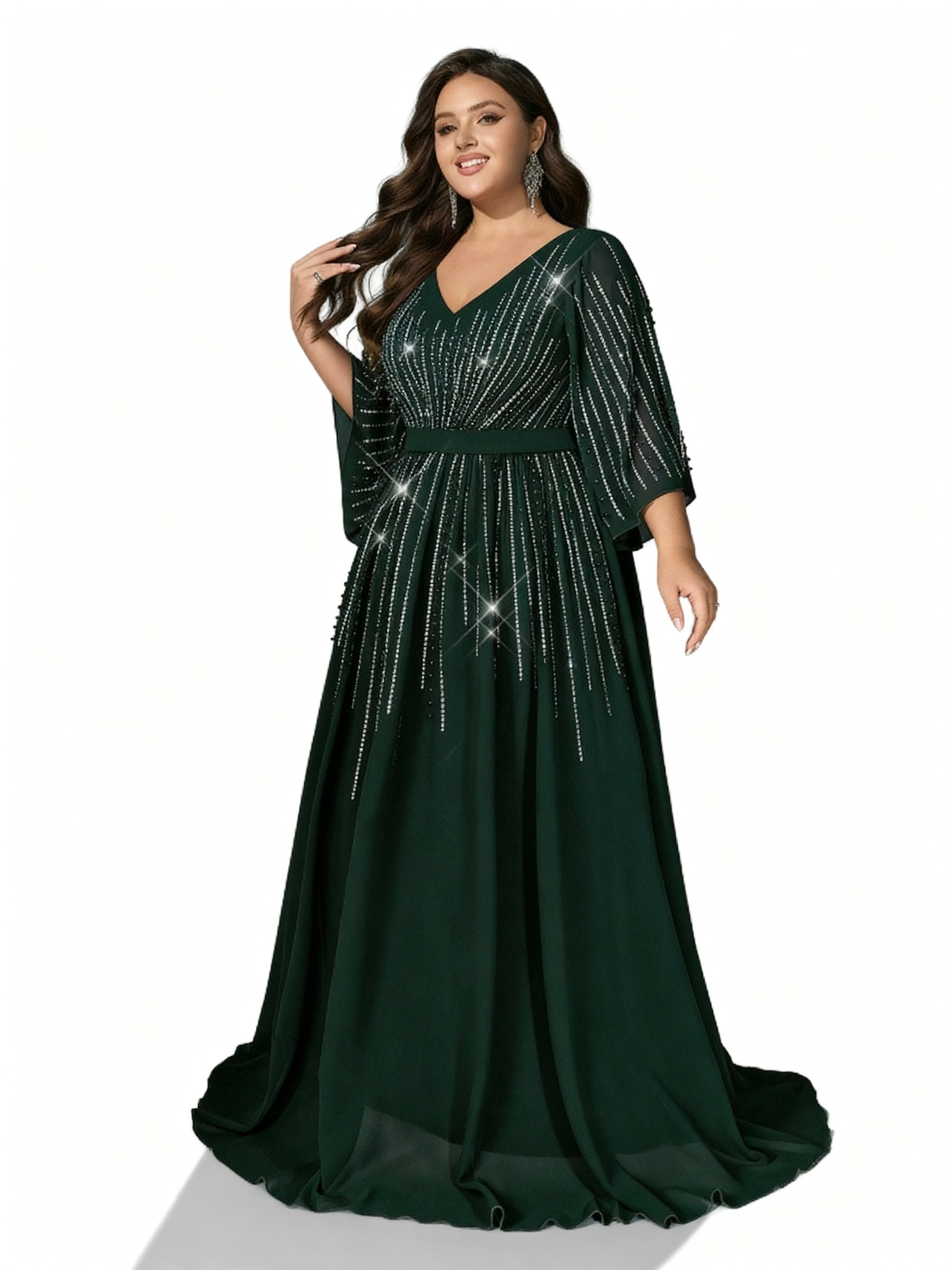 Stalluxe | Dunkelgrünes Chiffonkleid mit Strassverzierung