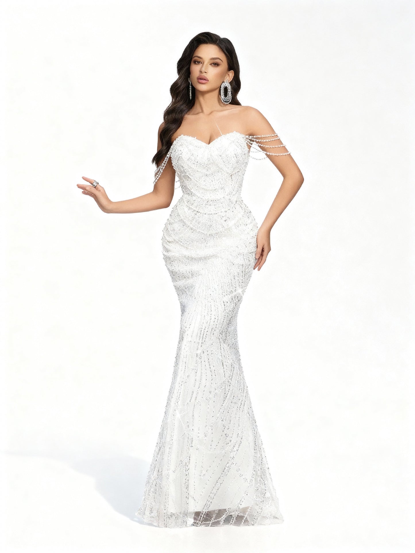 Stalluxe | Perlenverziertes Kleid mit Einer Schulter in Bodenlänge Weiß