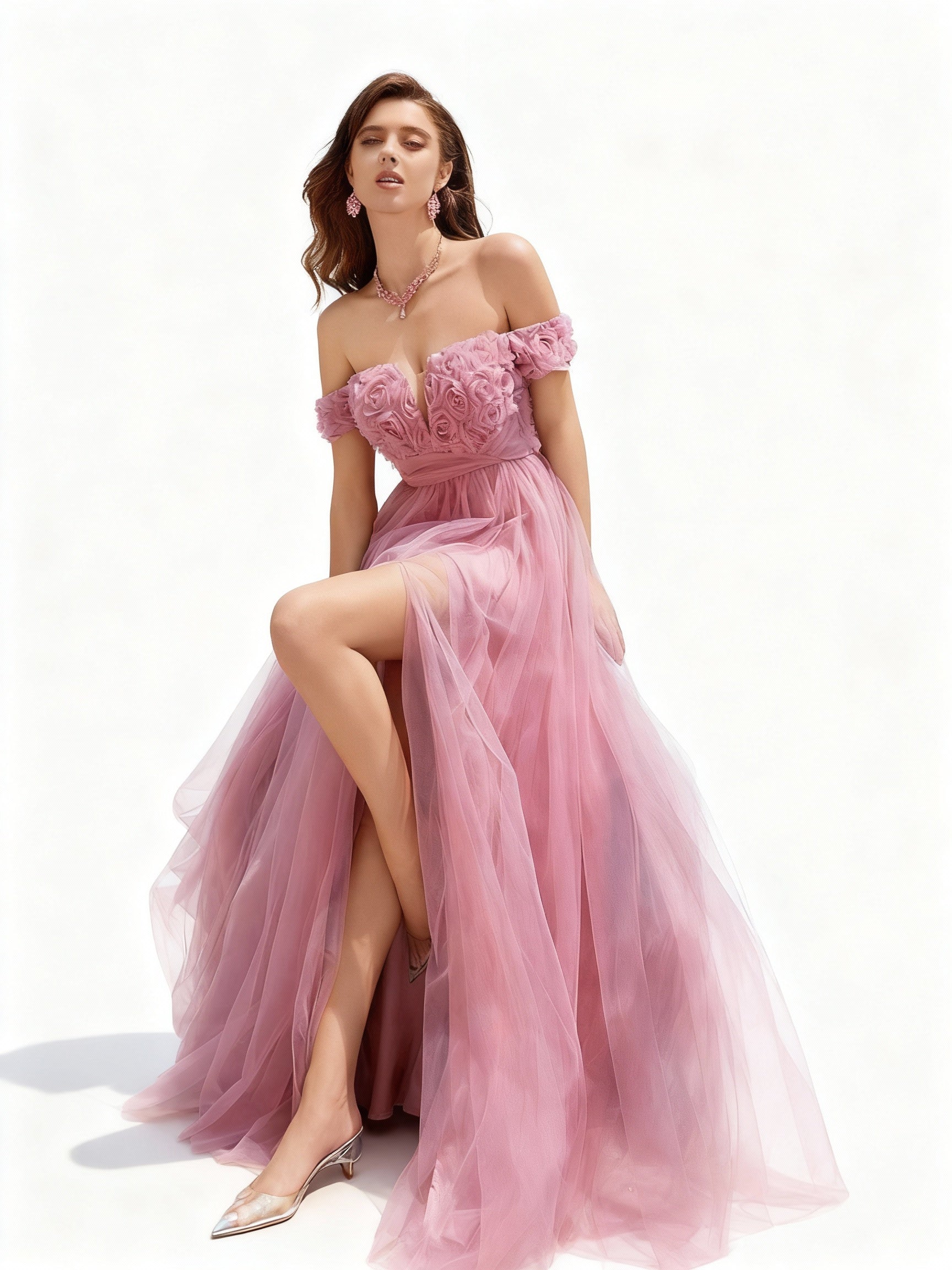 Stalluxe | Blumen-Meshkleid mit Schlitz und Schleppe Rosa