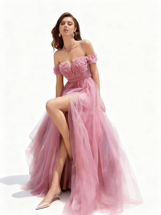 Stalluxe | Blumen-Meshkleid mit Schlitz und Schleppe Rosa