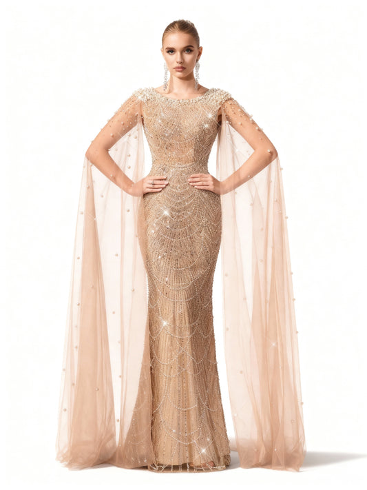 Stalluxe | Champagnerfarbenes Netzkleid mit Perlenverzierung Champagnerfarbe