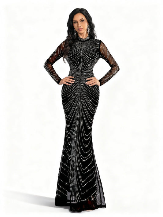 Stalluxe | Schwarzes Abendkleid mit Strass und Meerjungfrauen-Saum XL