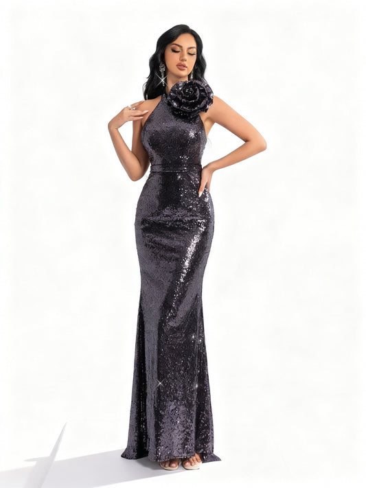 Stalluxe | Lila Rückenfreies Paillettenkleid mit Fischschwanz XL