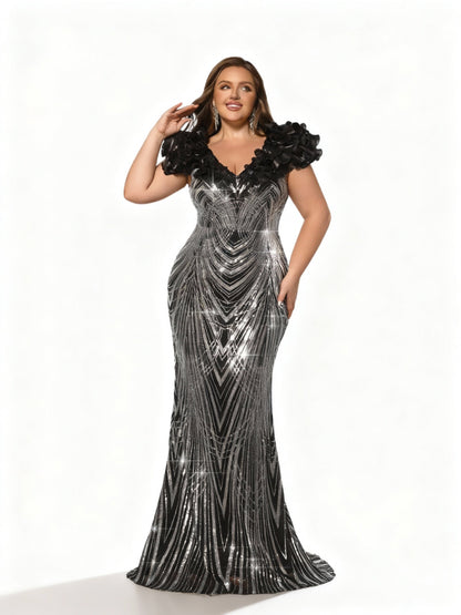 Stalluxe | Schwarzes Party-Abendkleid mit Pailletten und Kontrastkragen