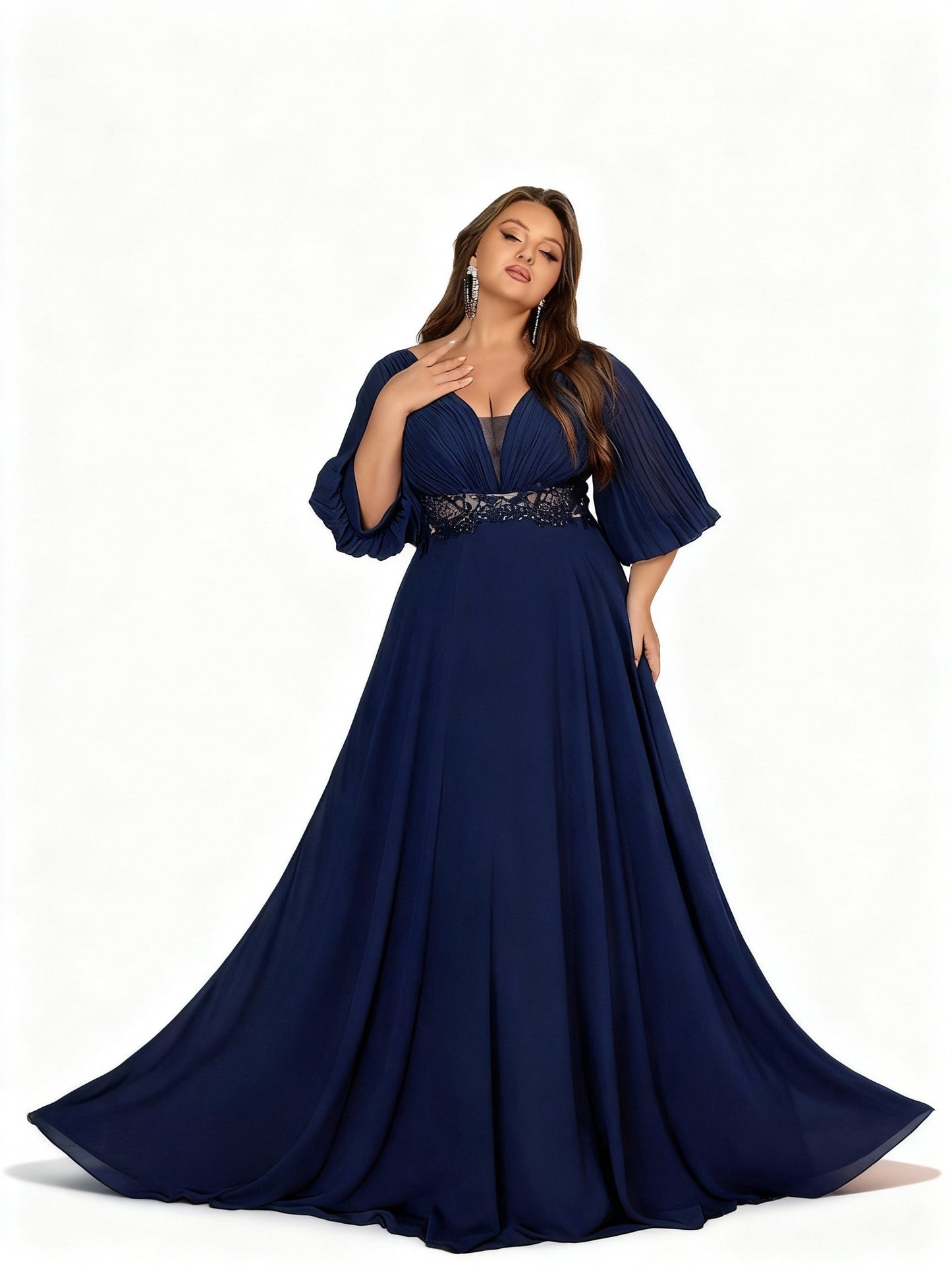 Stalluxe | Schickes Marineblaues Chiffon Abendkleid mit V-Ausschnitt in Übergröße