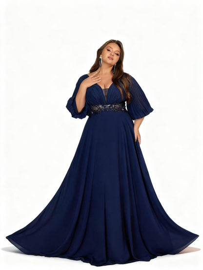 Stalluxe | Schickes Marineblaues Chiffon Abendkleid mit V-Ausschnitt in Übergröße