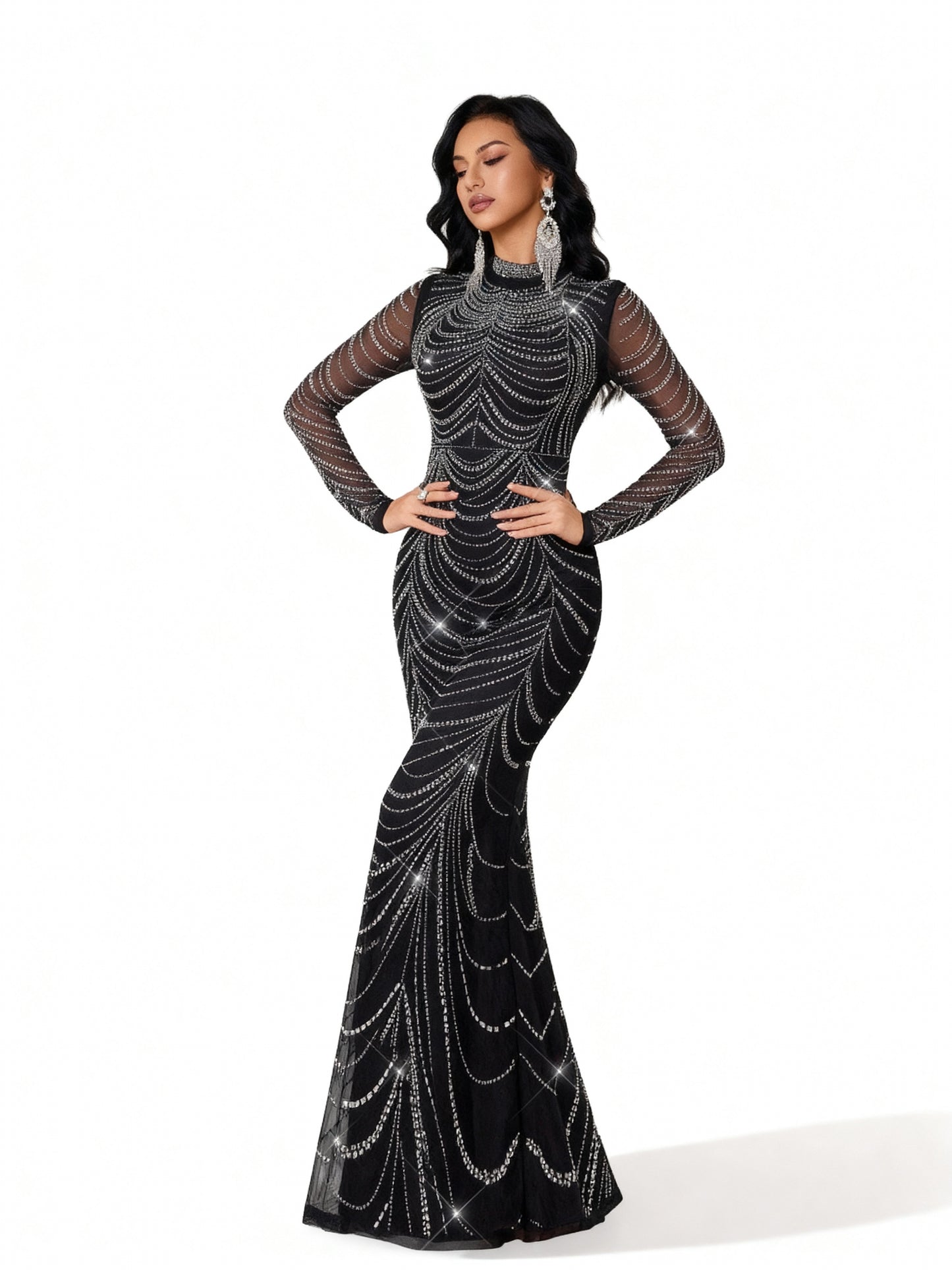 Stalluxe | Strasskleid mit Fischschwanz und Langen Ärmeln Schwarz