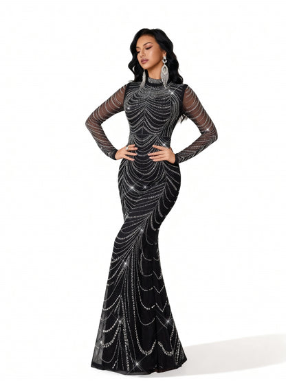 Stalluxe | Strasskleid mit Fischschwanz und Langen Ärmeln Schwarz