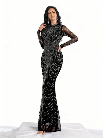 Stalluxe | Schwarzes Abendkleid mit Strass und Meerjungfrauen-Saum