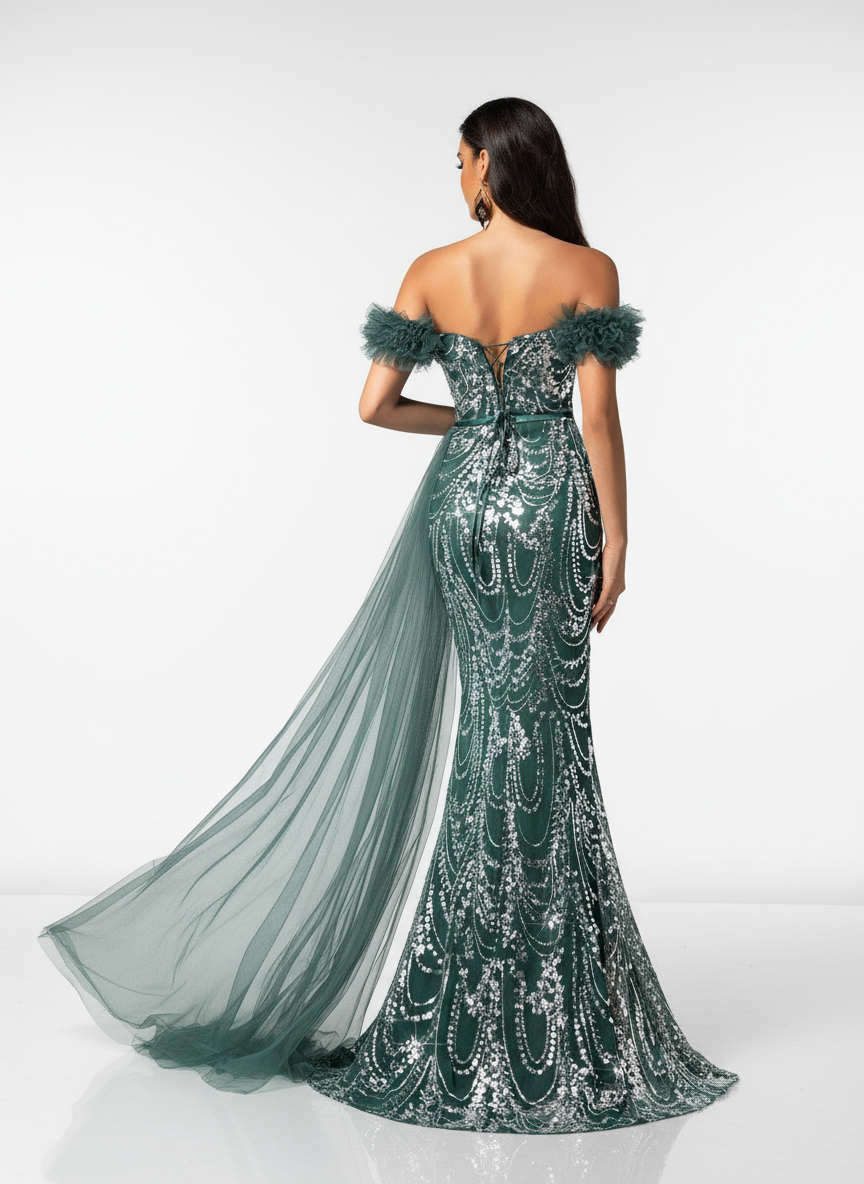 Stalluxe | Grünes Kleid mit Perlen und transparentem Fischschwanz-Schnitt