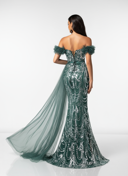 Stalluxe | Grünes Kleid mit Perlen und transparentem Fischschwanz-Schnitt