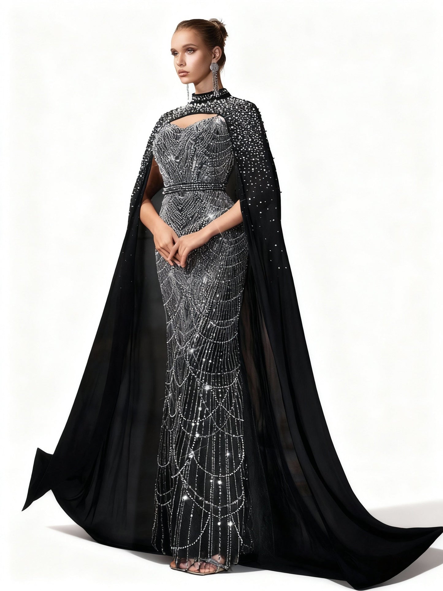 Stalluxe | Anmutiges Blaues Abendkleid mit Applikationen, Rüschenärmeln und Schlitz XL