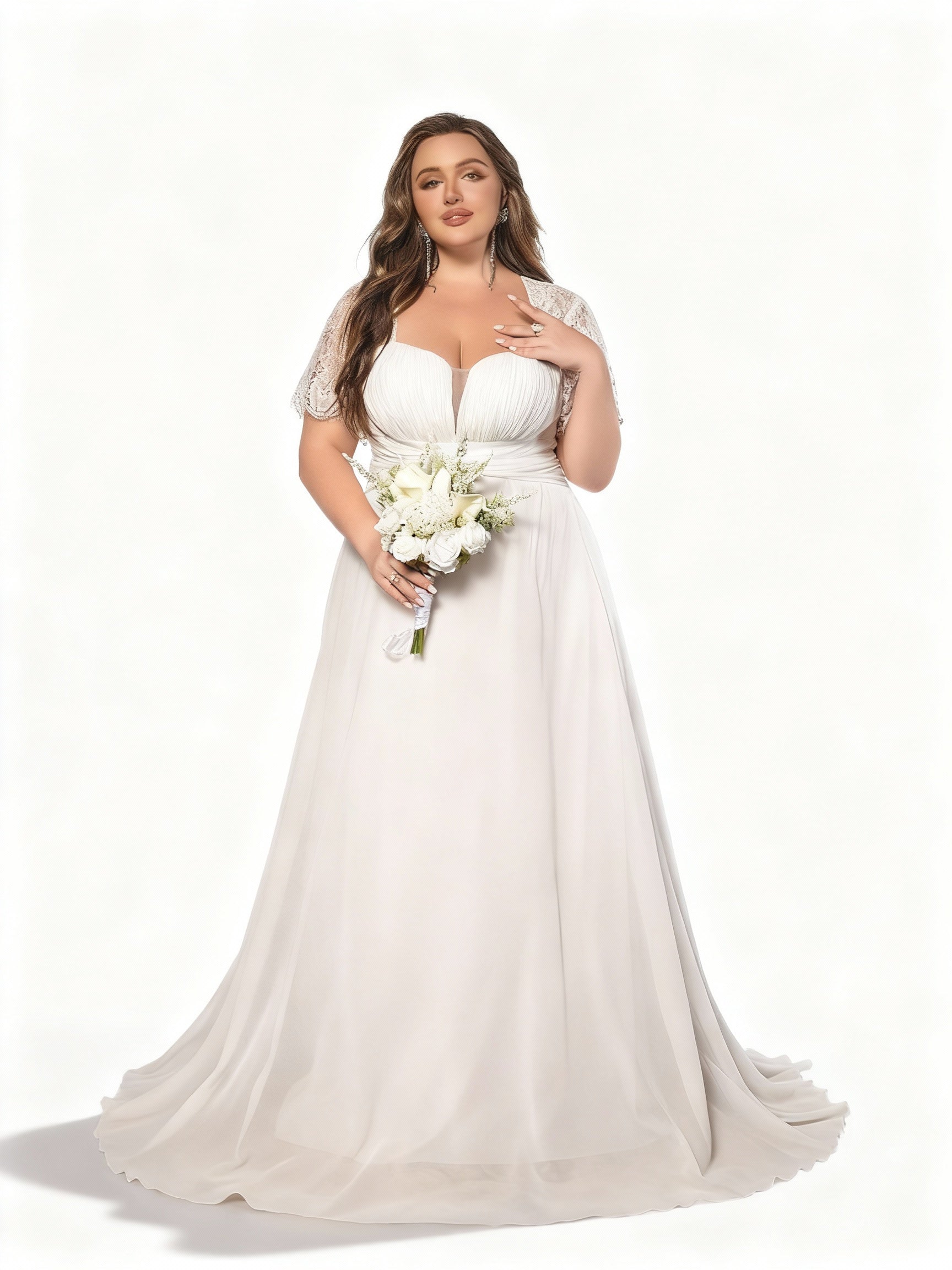 Stalluxe | Anmutiges Chiffon Brautkleid mit Spitze und Diamant Taille in Übergröße 5XL