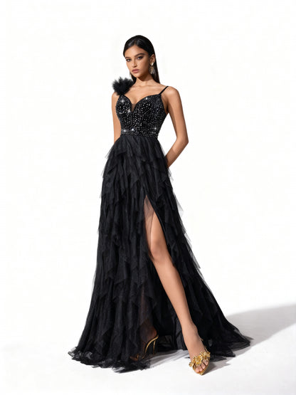 Stalluxe | Schwarzes Rückenträgerloses Netzkleid mit Strass