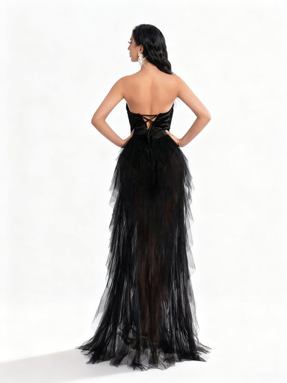 Stalluxe | Schwarzes Trägerloses Meshkleid mit Schnalle