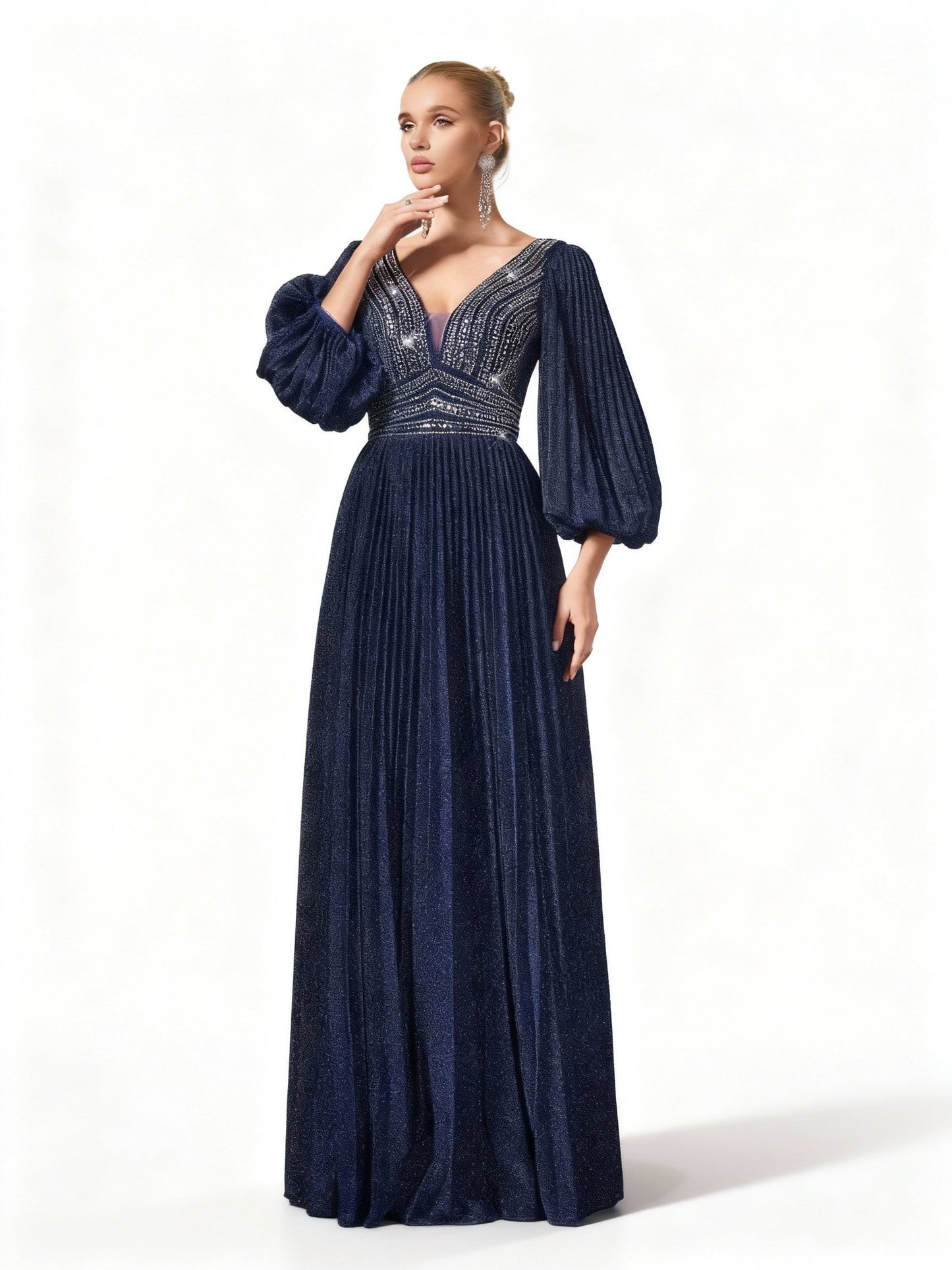 Stalluxe | Fantasievolles Blaues Abendkleid mit Strass und Laternenärmeln