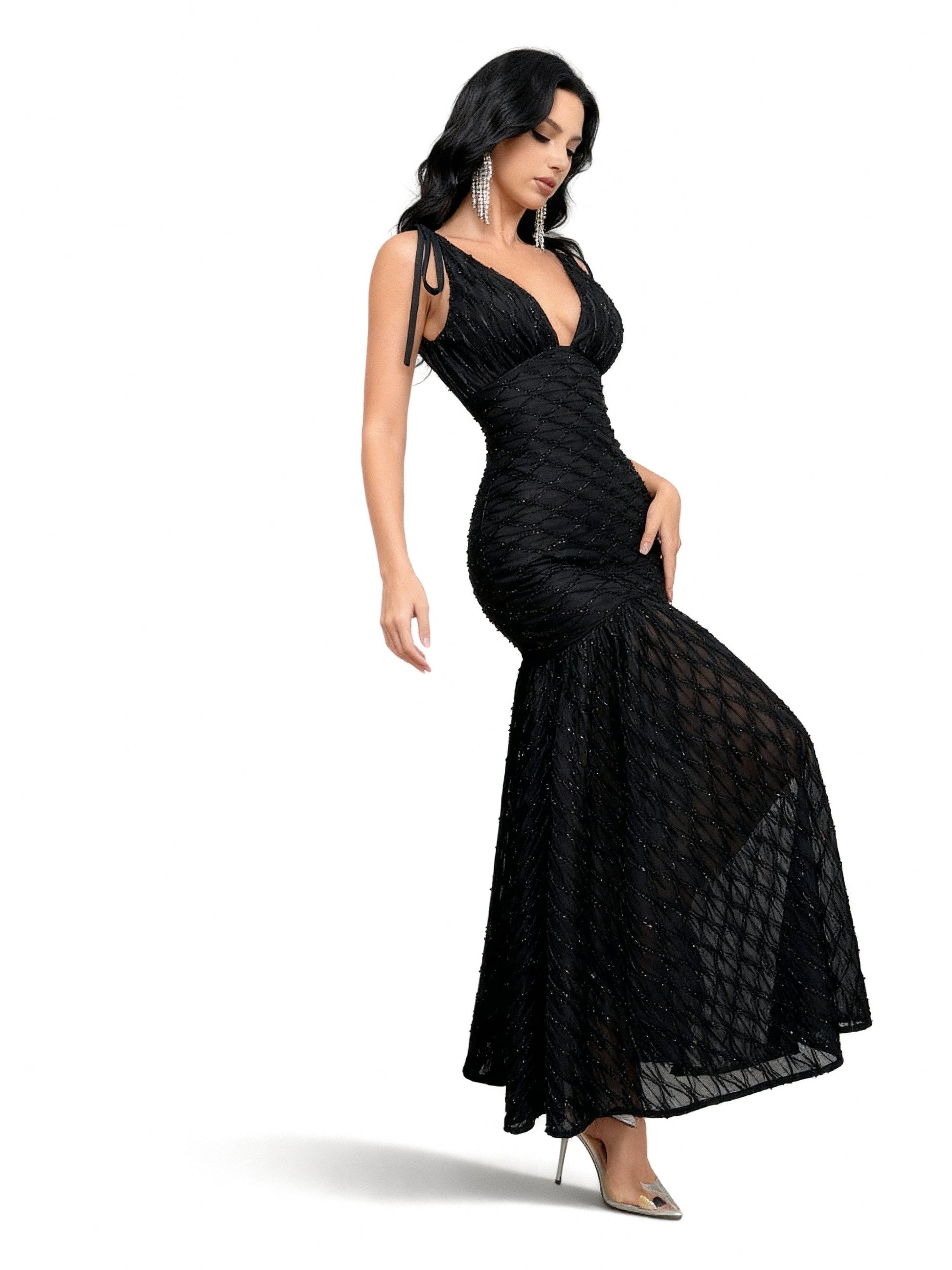 Stalluxe | Elegantes Abendkleid mit tiefem V-Ausschnitt, offenem Rücken und Meerjungfrauen-Saum Schwarz