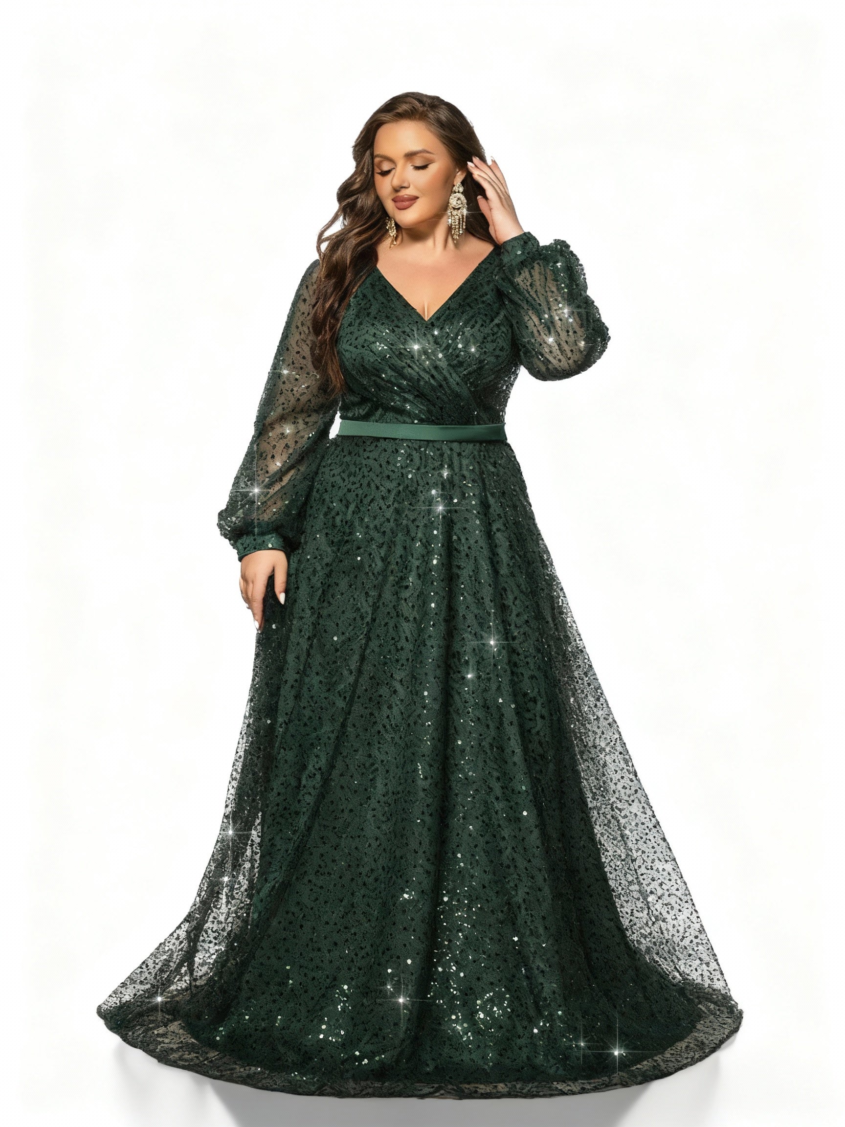 Stalluxe | Elegantes dunkelgrünes Paillettenkleid mit Laternenärmeln in Übergröße 5XL