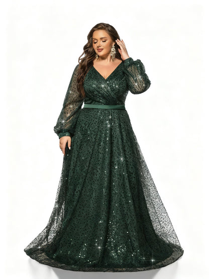 Stalluxe | Elegantes dunkelgrünes Paillettenkleid mit Laternenärmeln in Übergröße 5XL