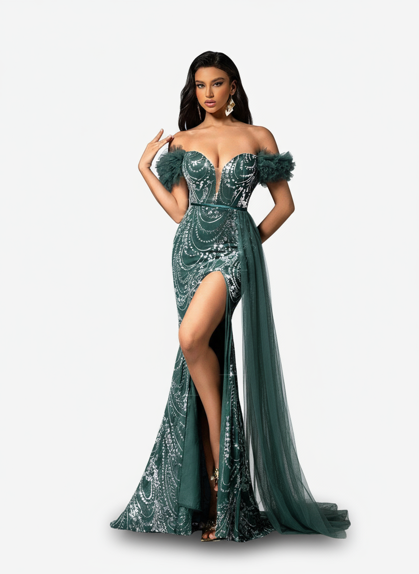 Stalluxe | Grünes Kleid mit Perlen und transparentem Fischschwanz-Schnitt