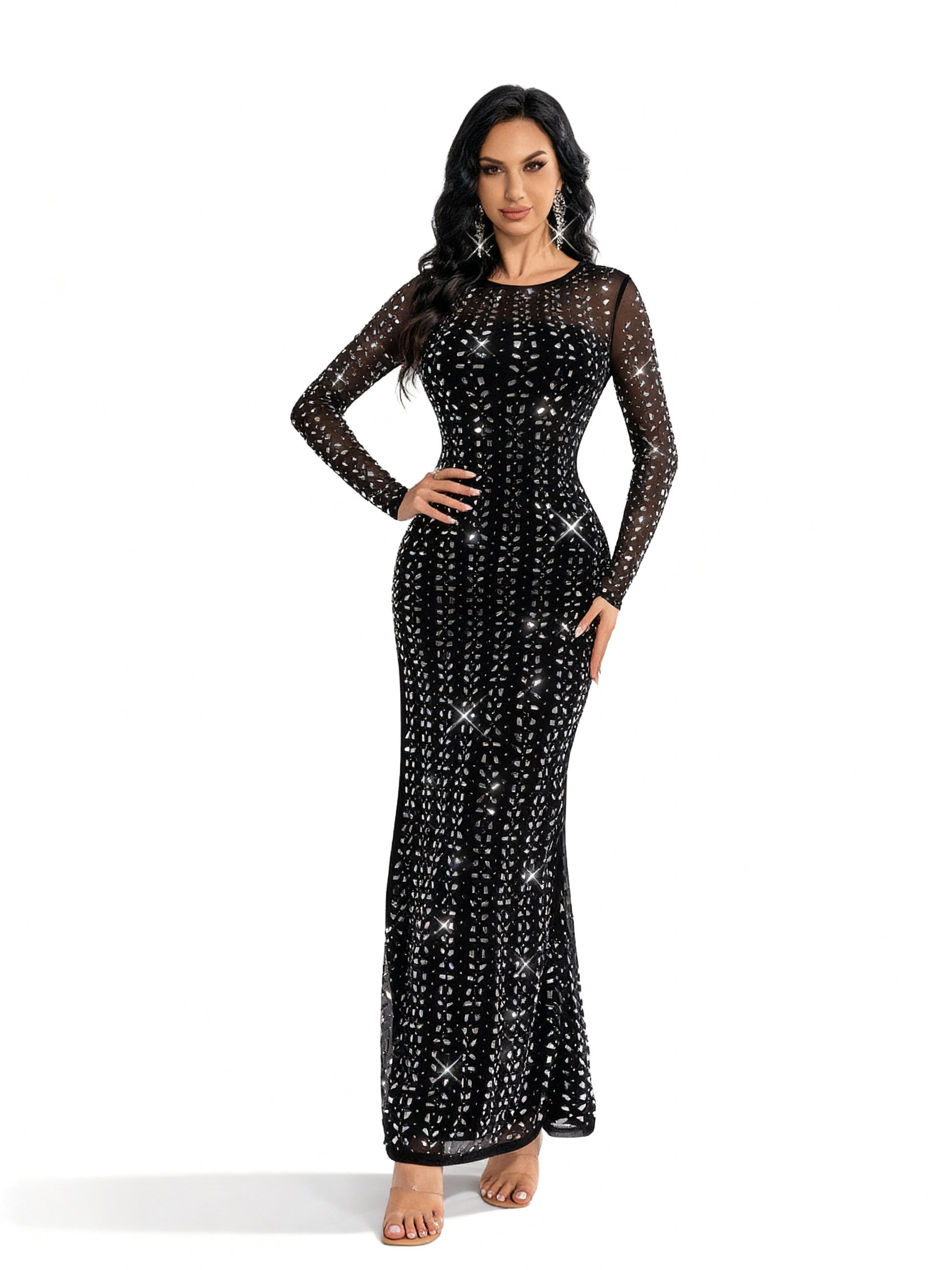 Stalluxe | Schwarzes Strasskleid mit Rundhals und Schlitz