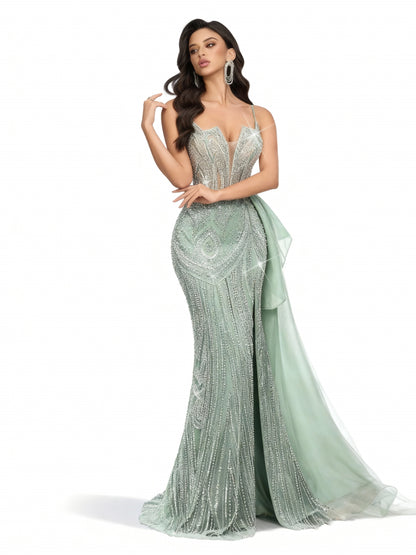 Stalluxe | Minzgrünes Paillettenkleid mit Hohem Schlitz im Meerjungfrauenstil