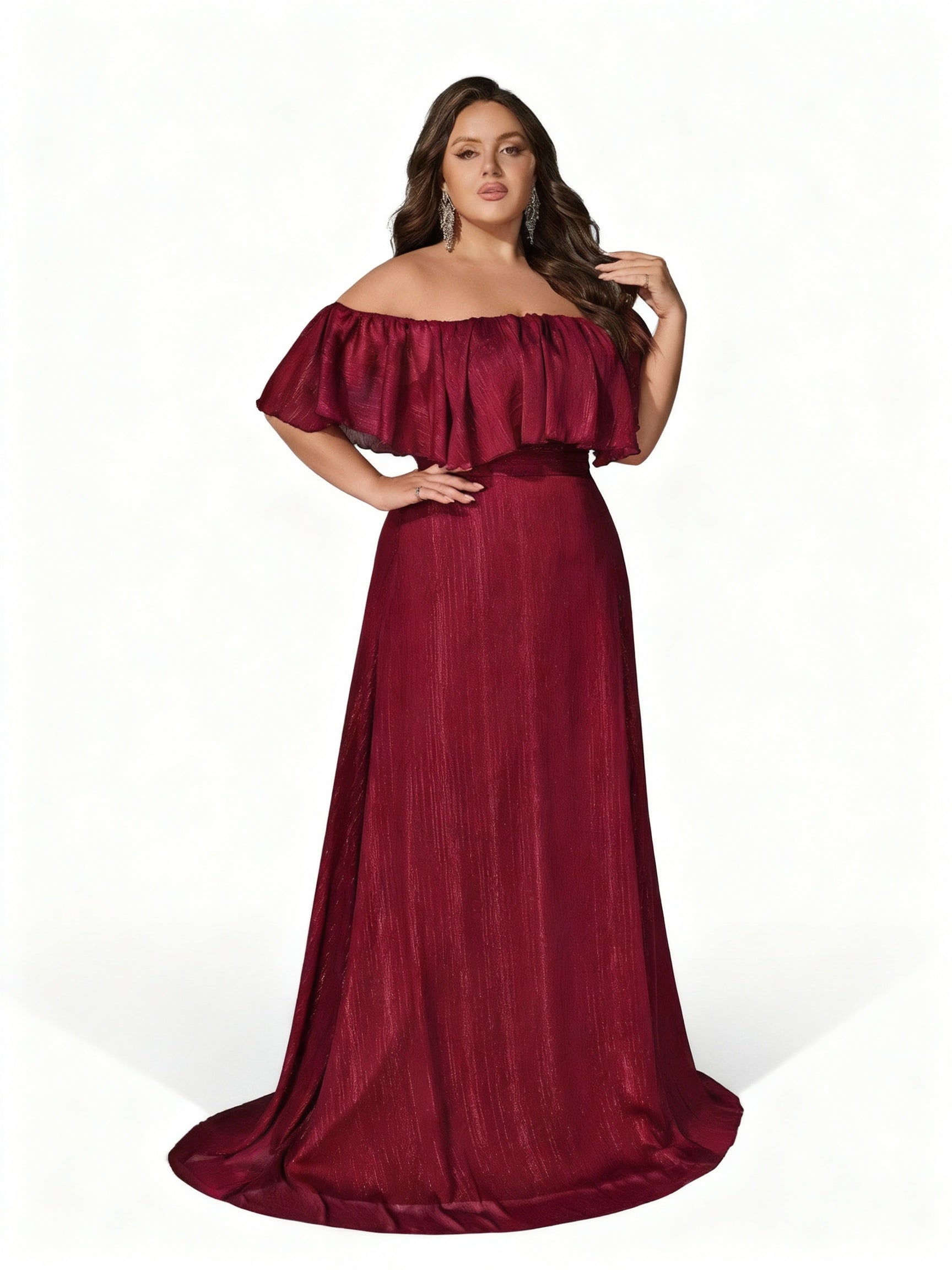 Stalluxe | Burgunderfarbenes Schulterfreies Abendkleid mit weitem Saum in Übergröße 5XL