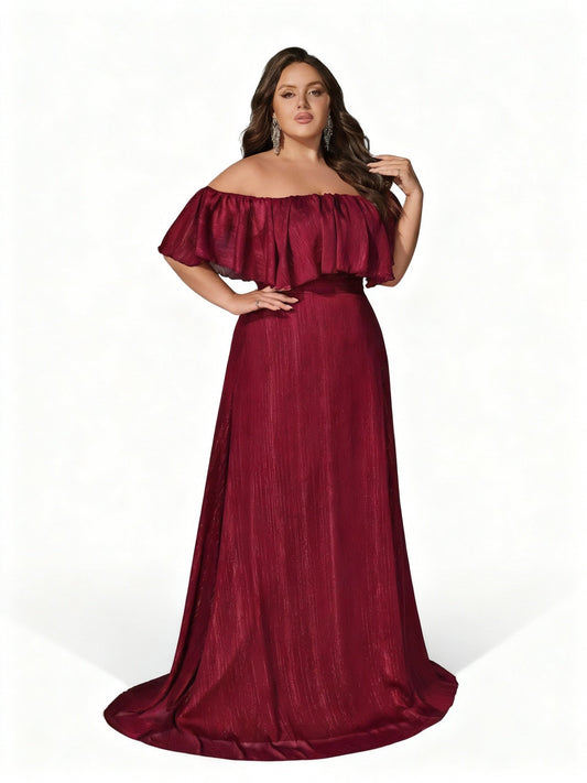 Stalluxe | Burgunderfarbenes Schulterfreies Abendkleid mit weitem Saum in Übergröße 5XL