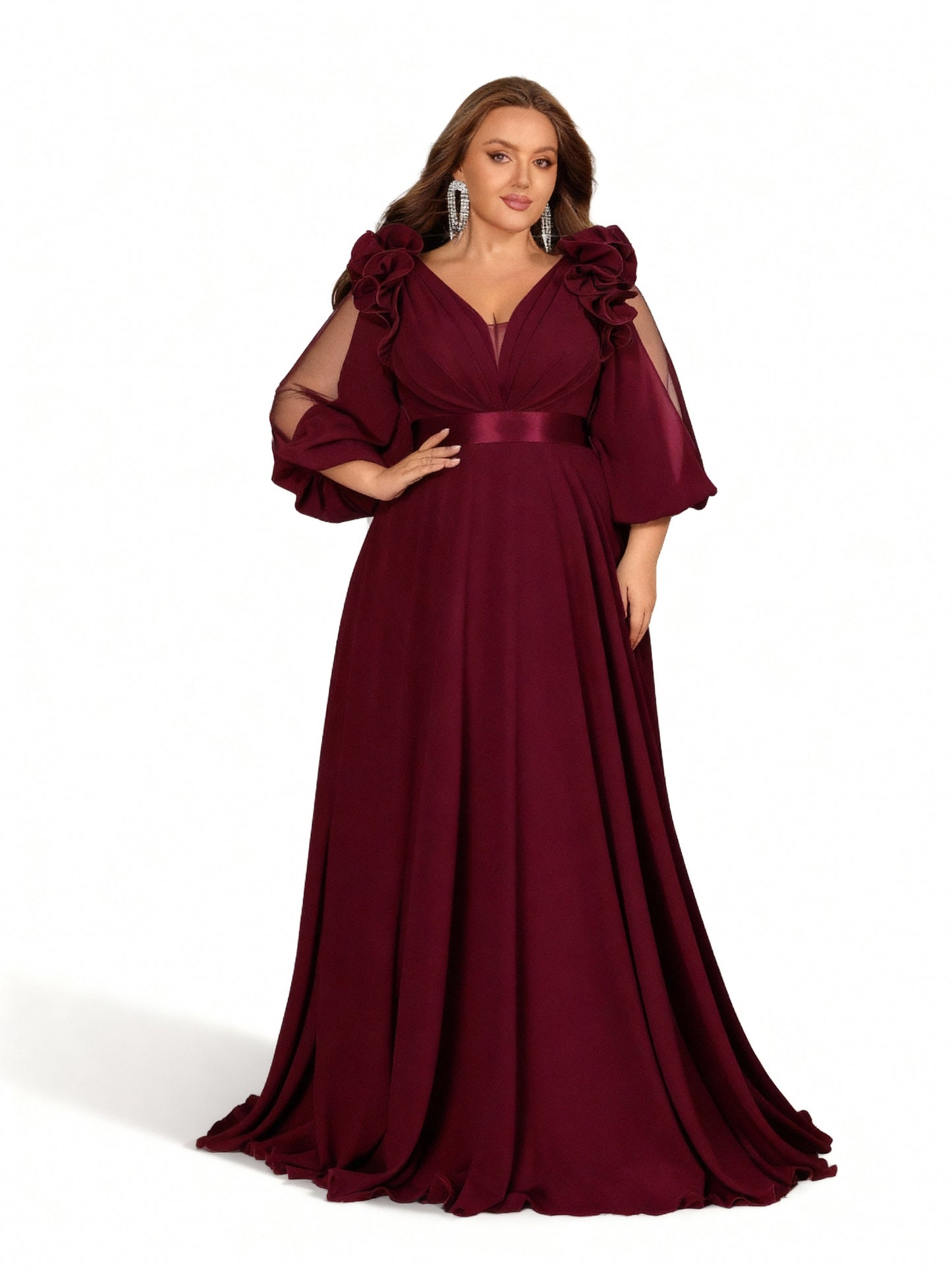 Stalluxe | Elegantes Chiffon-Maxikleid mit V-Ausschnitt Weinrot