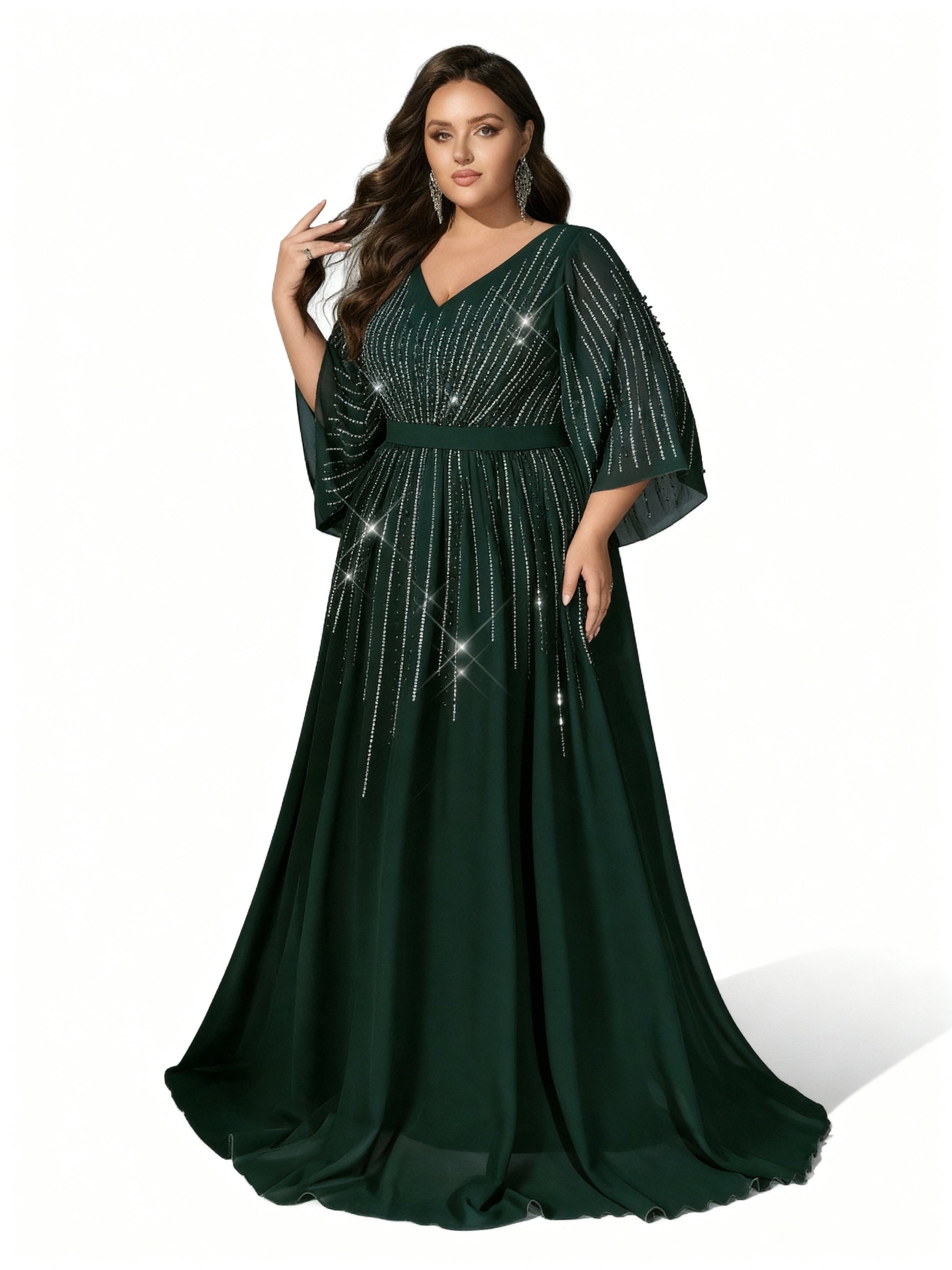 Stalluxe | Dunkelgrünes Chiffonkleid mit Strassverzierung