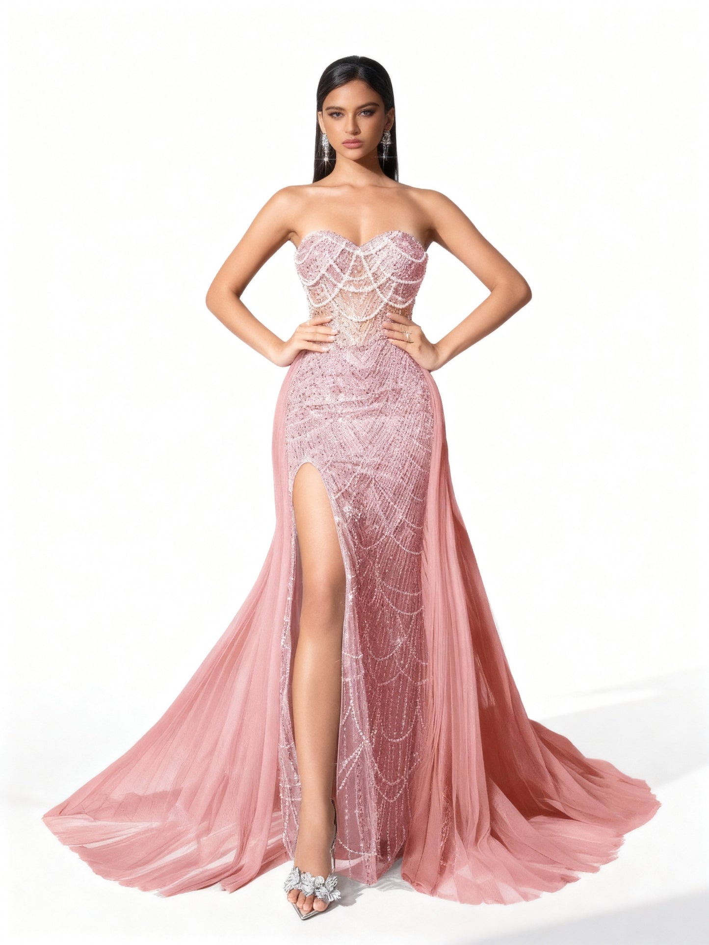 Stalluxe | Trägerloses Spitzenkleid mit Schnürung und Schlitz Rosa