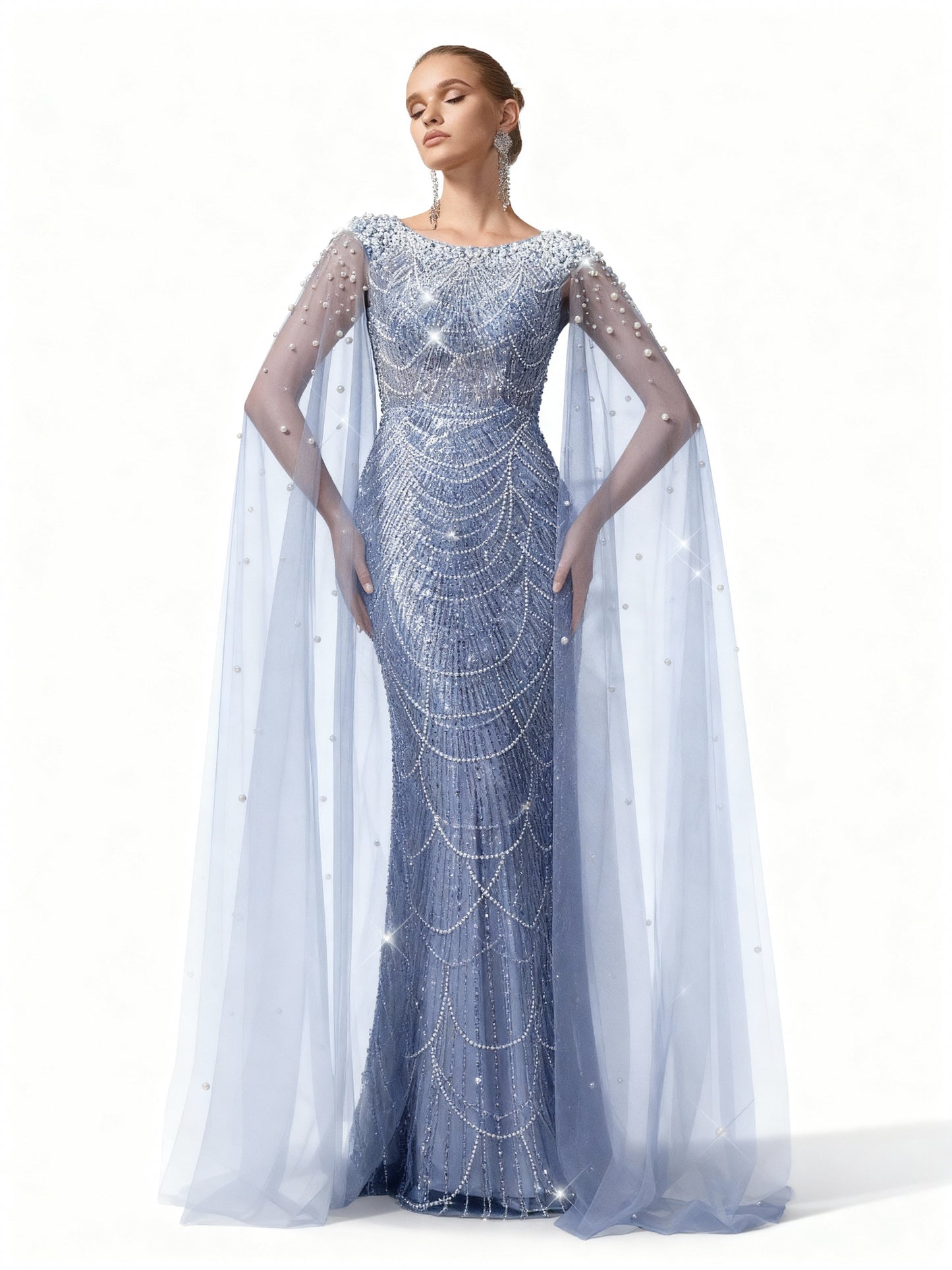 Stalluxe | Champagnerfarbenes Netzkleid mit Perlenverzierung Dunstblau