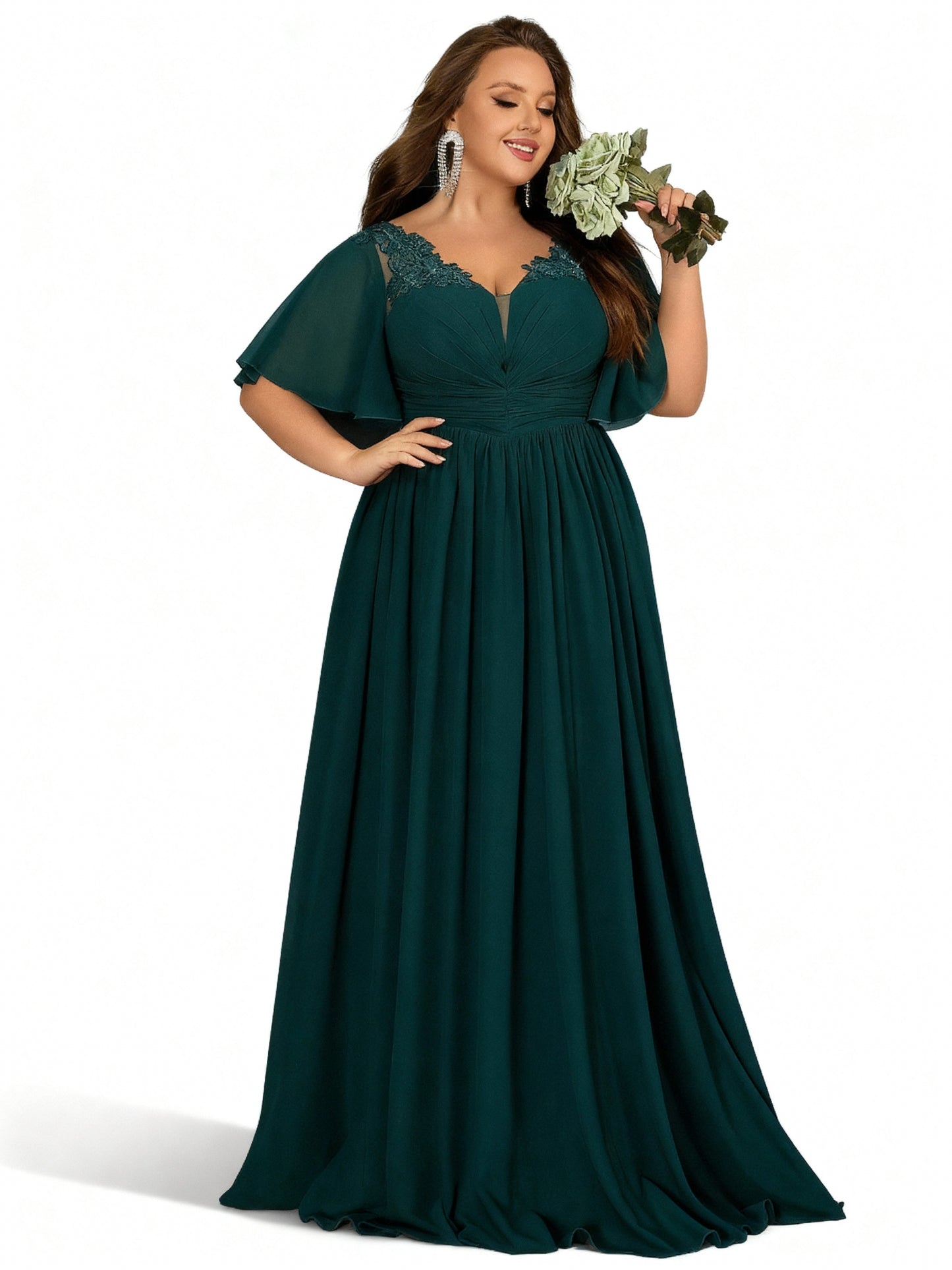 Stalluxe | Pfauengrünes Spitzenkleid mit V-Ausschnitt für Brautjungfern 5xl