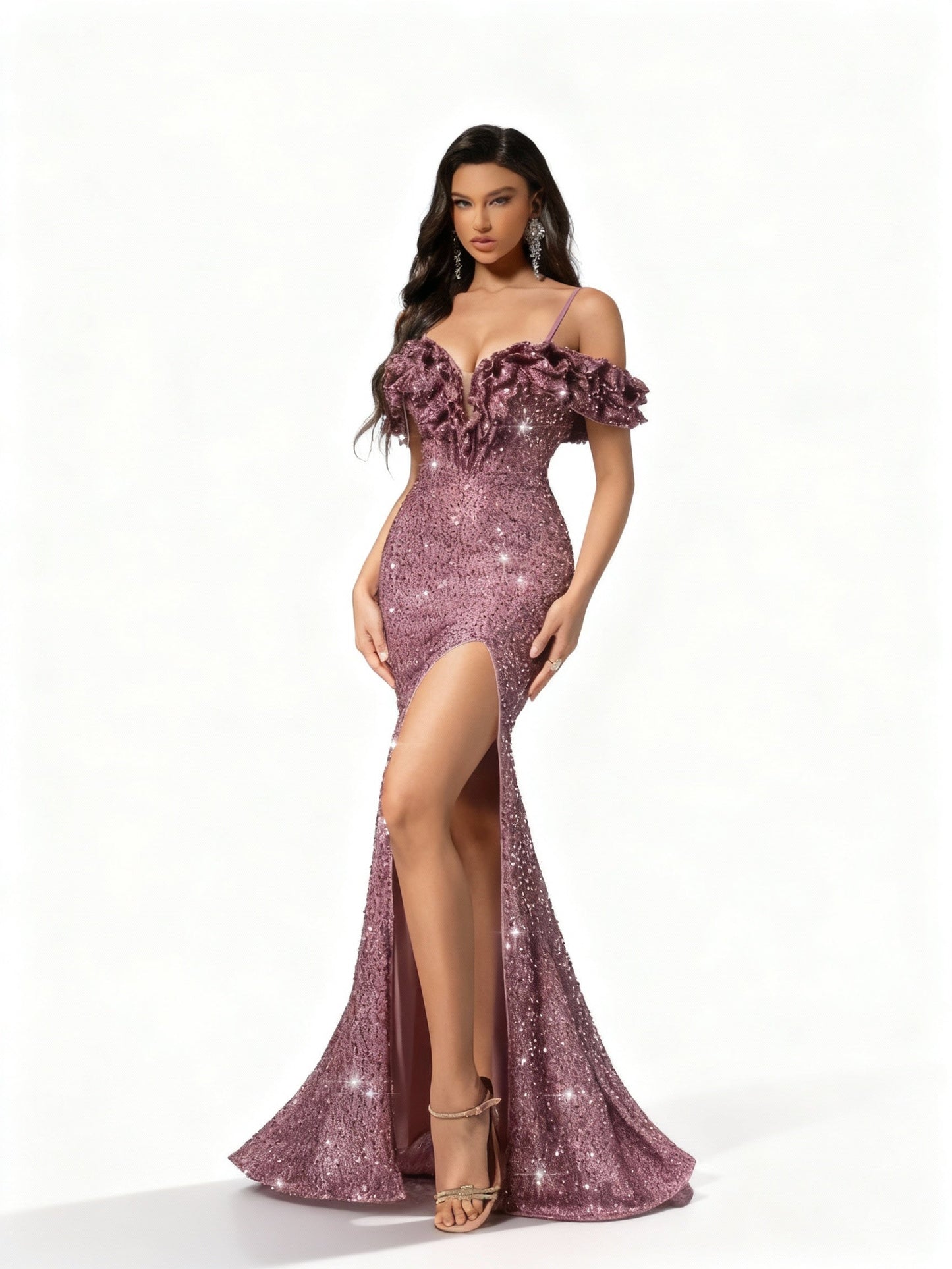 Stalluxe | Rosa trägerloses Paillettenkleid mit Schlitz XL